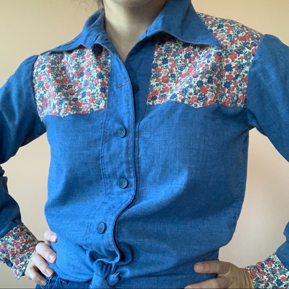 Vintage 70s Patchwork Long Sleeve Button Down Top - image 2
